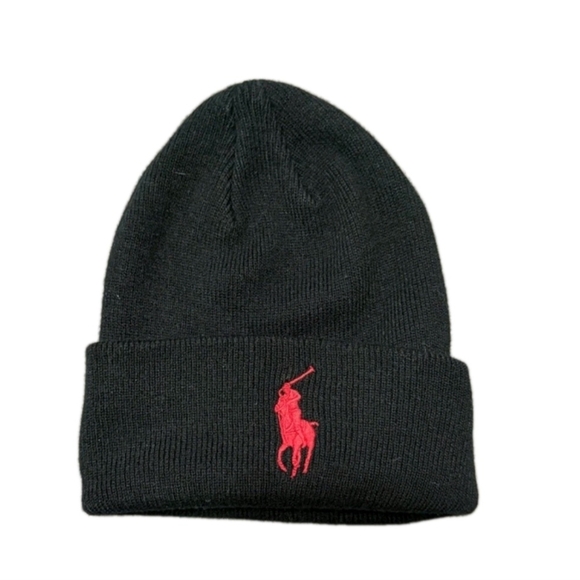 Polo Ralph Lauren Other - POLO Ralph Lauren Big Pony Black Beanie Hat Cap Red Pony Logo (EUC)